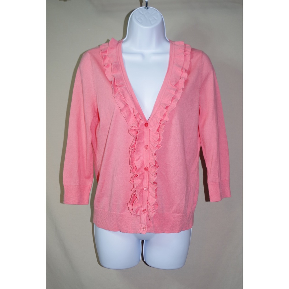 Talbots Petites Small Pink Pima Cotton Ruffle V-Neck Cardigan 3/4 Sleeve